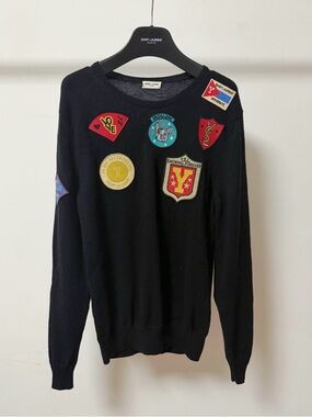 🚩steal Saint Laurent Black Crewneck Sweater with Multicolor Patchwork